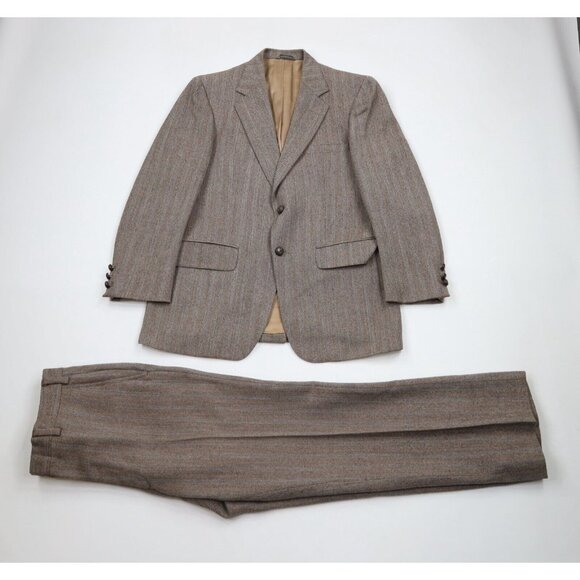 Vtg 70s Mens 38R 2 Piece Wool Wedding Suit Bell Bottoms Herringbone USA 34x29